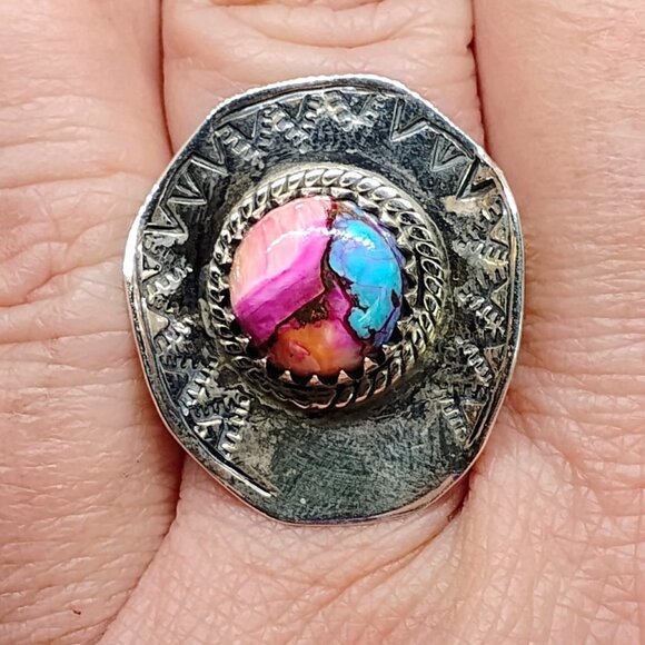 Southwest Sterling Silver Dahlia Turquoise Spiny Oyster Cowboy Hat Ring Size 9 - Picture 1 of 6